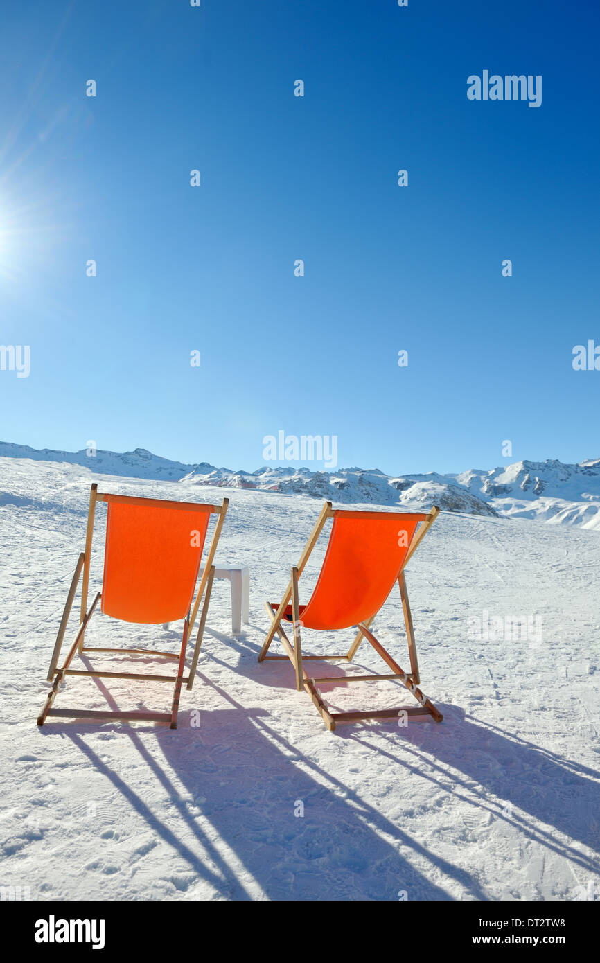 wooden chair on top of mountaint Stock Photo