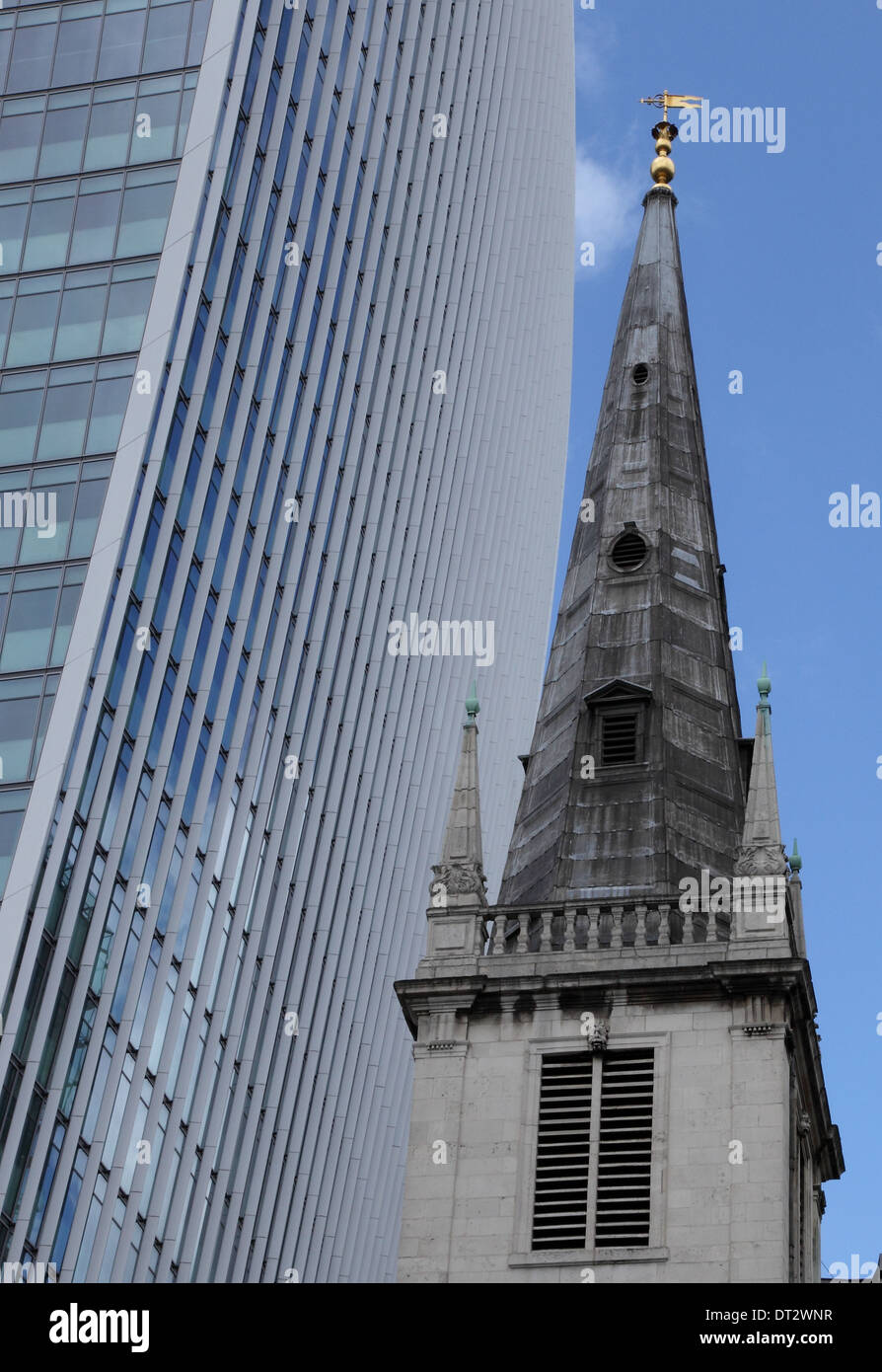 Steeple of The Old Church of St Margaret Pattens with the Walkie Talkie building in the background Stock Photo