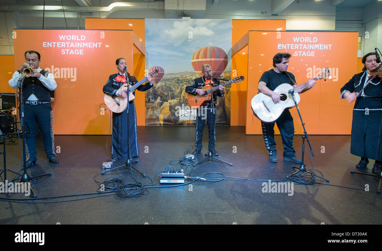 Earls Court, London, UK. 7th February 2014. Los Soneros latin american band playing Mariachi music on the World Entertainment Stage at Destinations. Credit:  Malcolm Park editorial/Alamy Live News Stock Photo