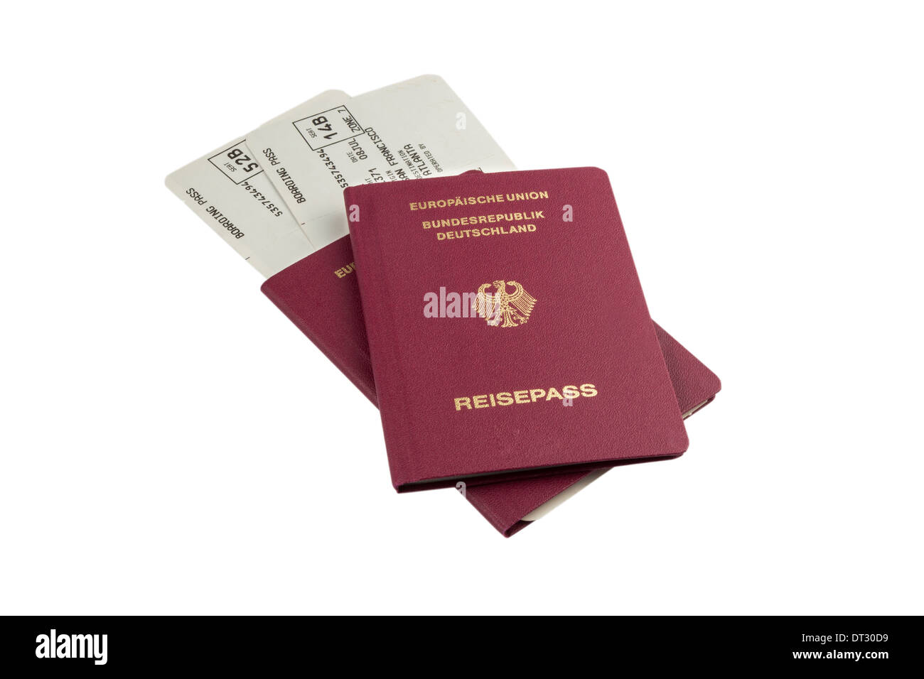 Two german Passports with Flight tickets isolated on white background
