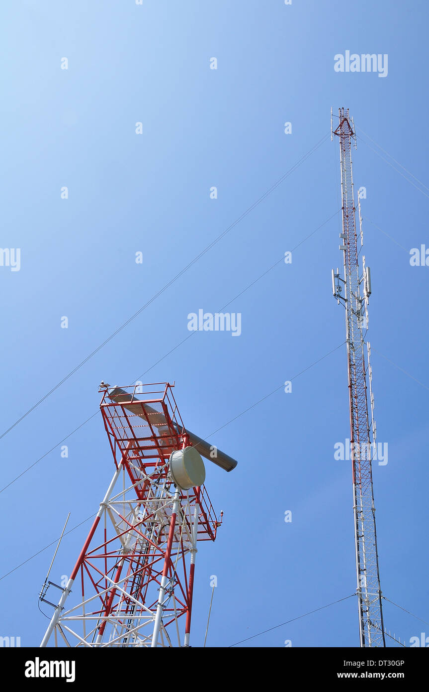 Transmission towers on blue sky Stock Photo