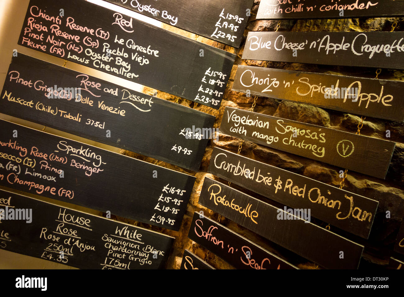 Hand written menu on blackboards in a pub, Gloucestershire, UK Stock Photo