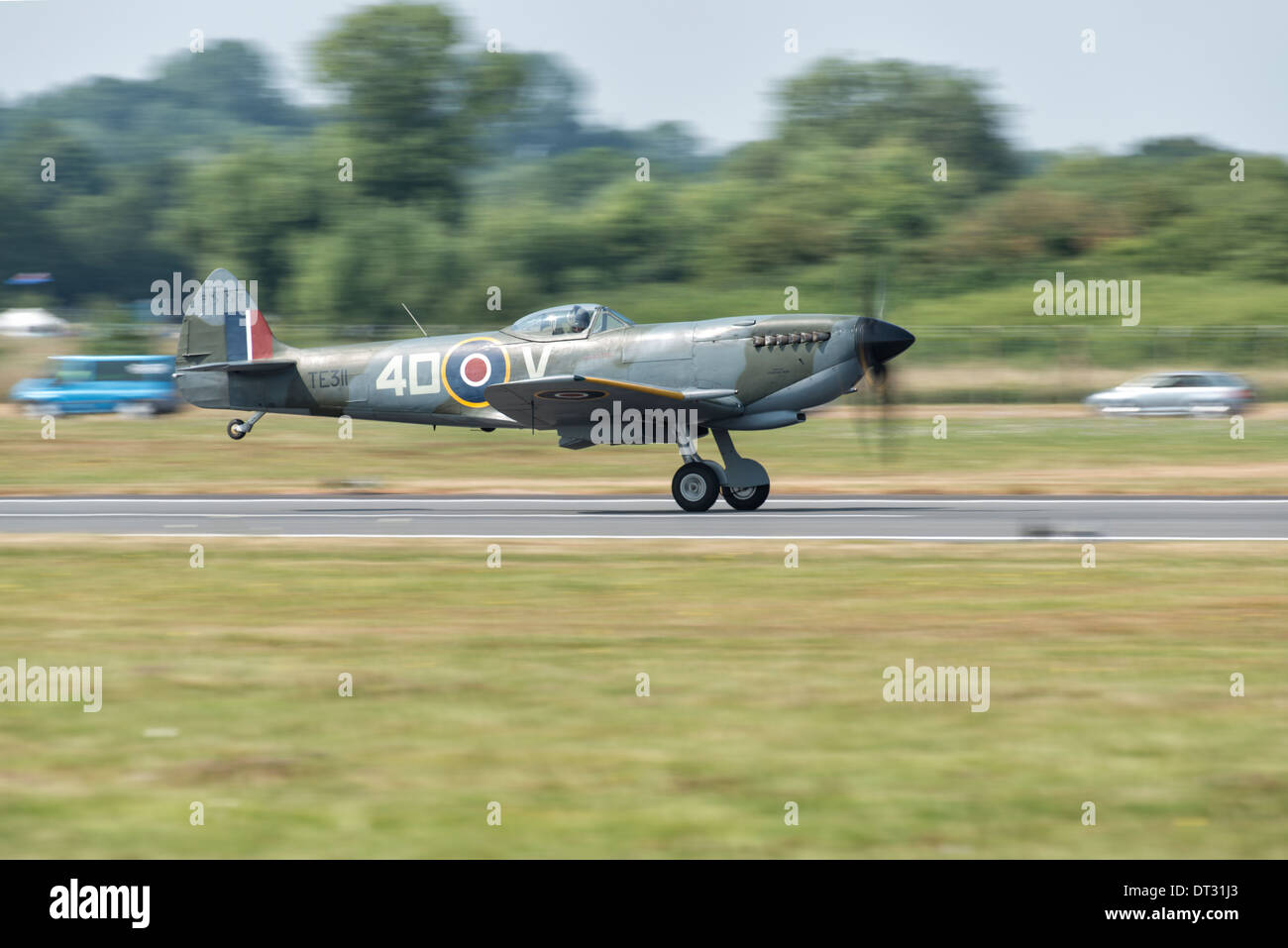 RAF  Supermarine Spitfire Mark 16  from the Battle of Britain Memorial Flight accelerates to take off and display at the RIAT Stock Photo