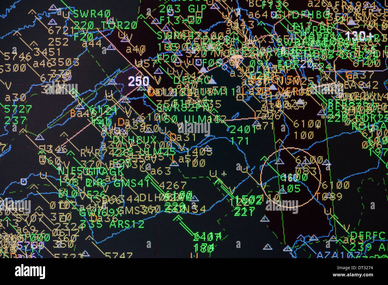 Computer monitors in the air traffic control centre of 'Skyguide' show flight paths of aircrafts in Switzerland's busy airspace Stock Photo