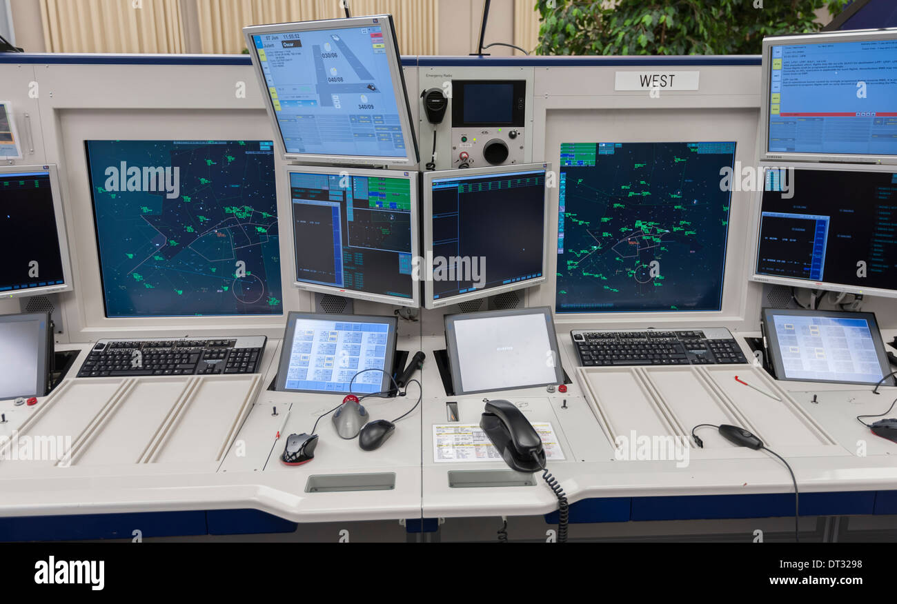 Computer monitors in the air traffic control centre of 'Skyguide' show flight paths of aircrafts in Switzerland's busy airspace Stock Photo