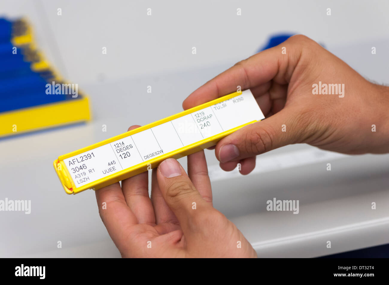 Close-up of a flight process strip in the air traffic control centre of 'Skyguide' where the Swiss airspace is controlled Stock Photo