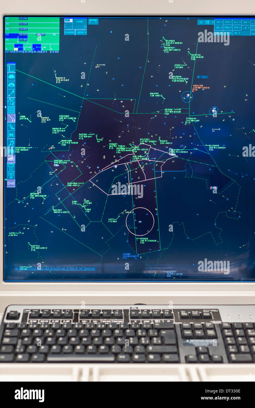 Computer monitors in the air traffic control centre of 'Skyguide' show flight paths of aircrafts in Switzerland's busy airspace Stock Photo