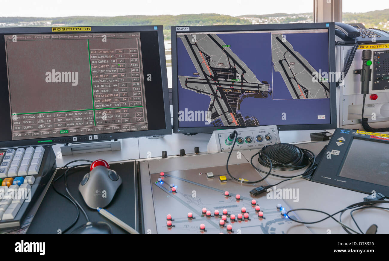 Air traffic controller in the control tower of Zurich international airport. Stock Photo