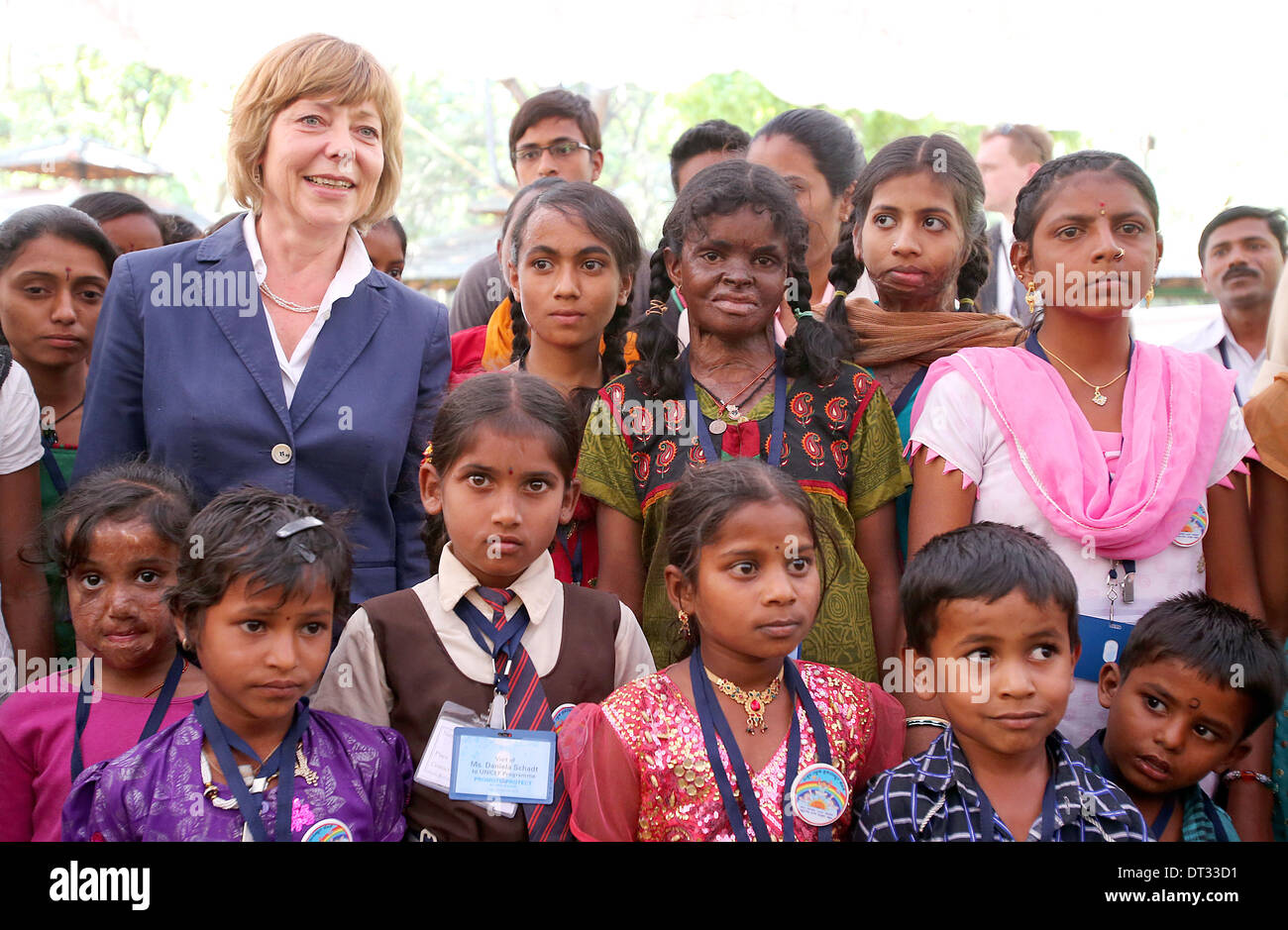 Bangalore, India. 07th Feb, 2014. Partner of German President Gauck, Daniela Schadt, visits the UNICEF facility Cubbon Park in Bangalore, India, 07 February 2014. Cubbon Park supervises several projects including one of the German Children's emergency relief to support HIV-infected children and a project against child marriage and trafficking. The German head of state is on a six-day state visit to India. Photo: WOLFGANG KUMM/dpa/Alamy Live News Stock Photo