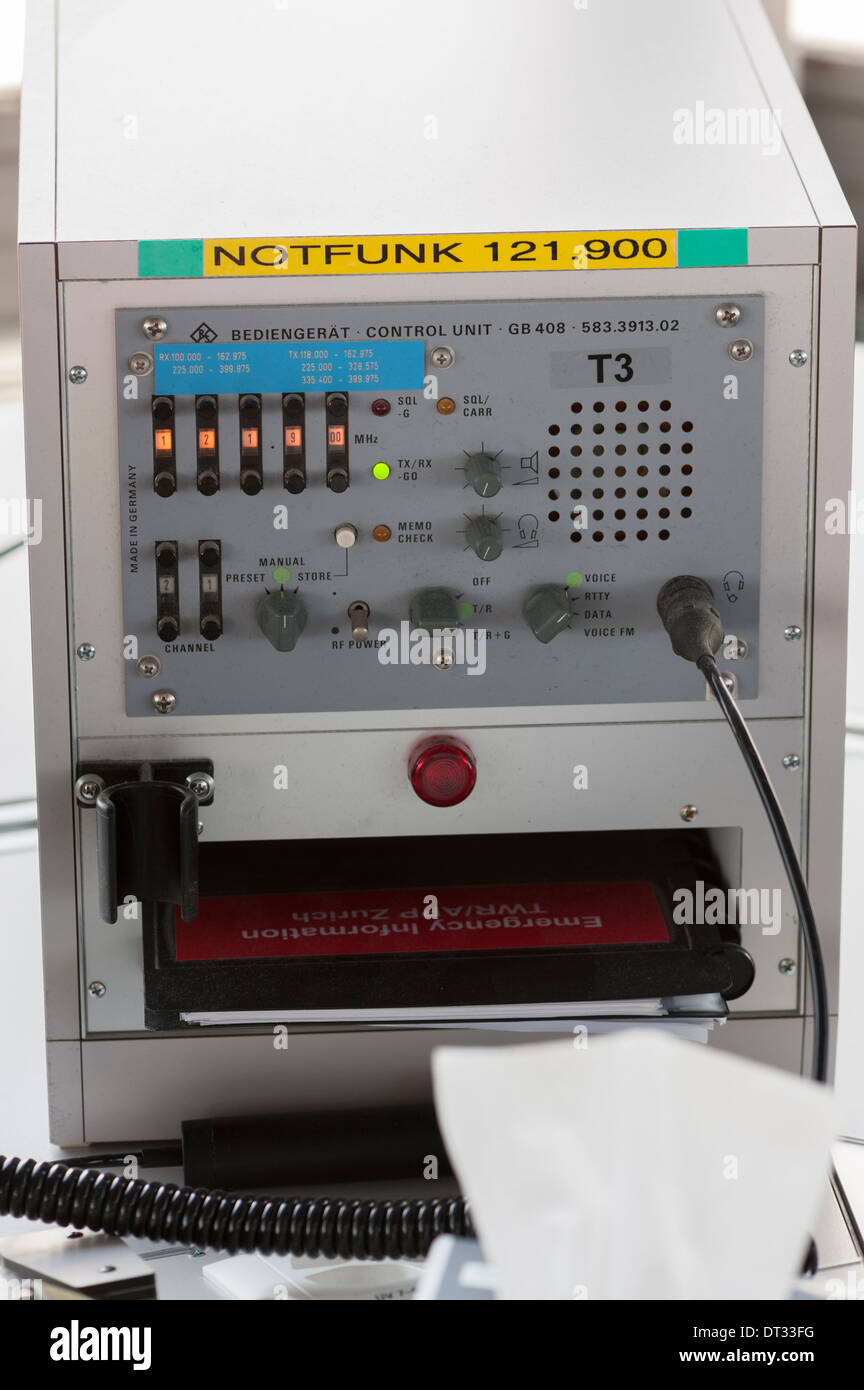 Communication equipment in the control tower of Zurich international airport. Stock Photo