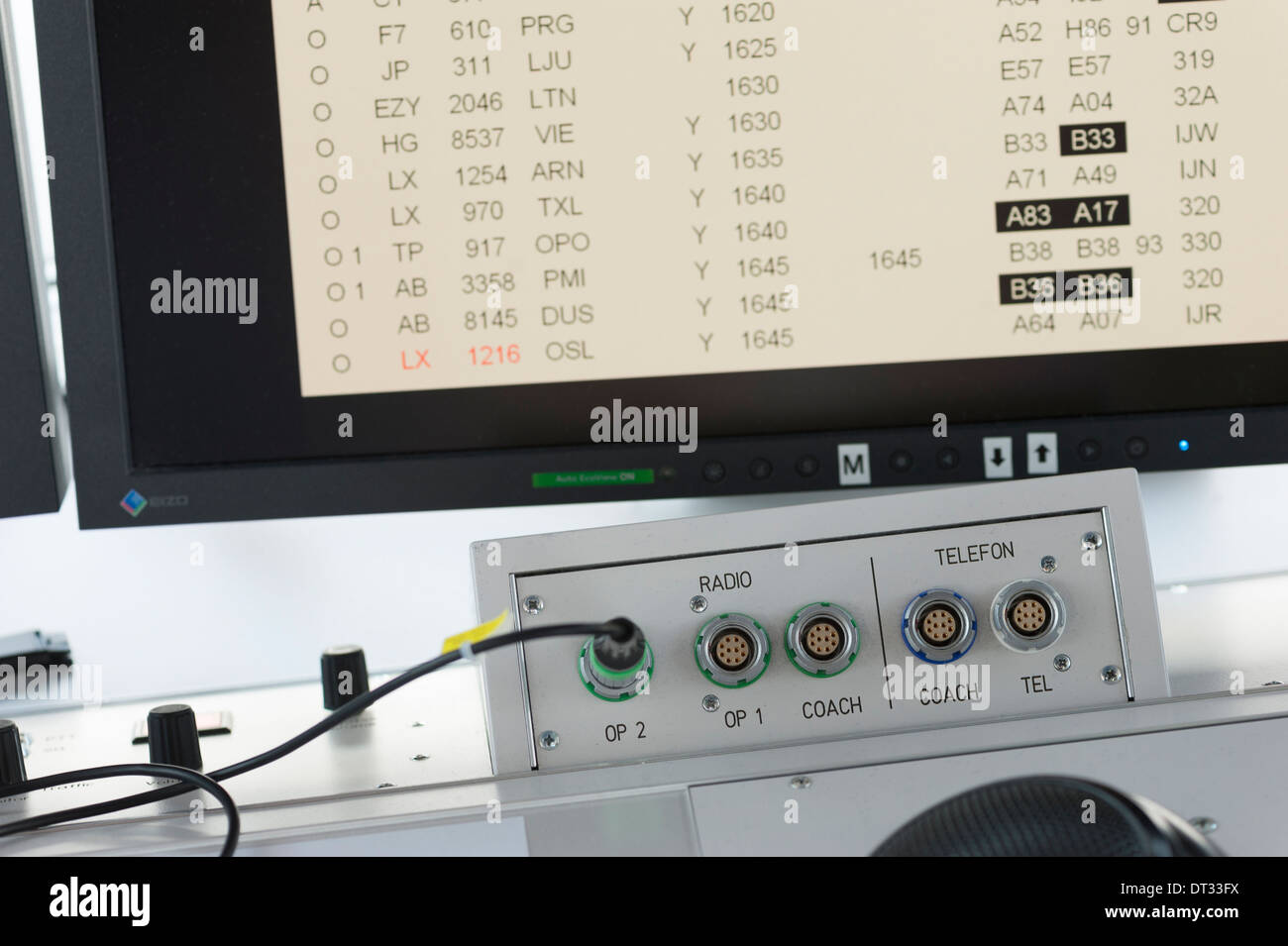 Communication equipment in the control tower of Zurich international airport. Stock Photo