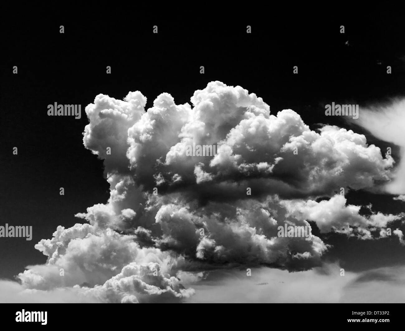 Black & white view of white puffy cumulus clouds against clear Colorado sky Stock Photo