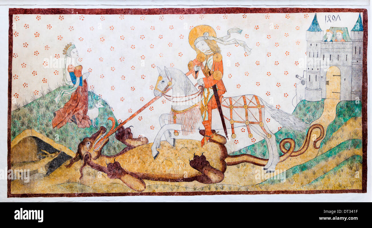 Fresco in Aarhus Cathedral, Denmark. St George and the dragon, Stock Photo