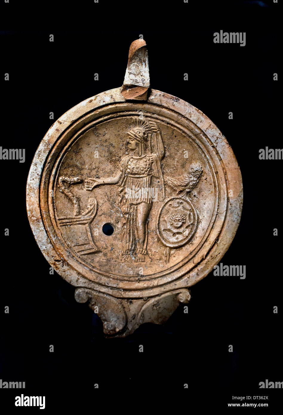 Athena clay oil lamp 100 AD Greek Roman Stock Photo
