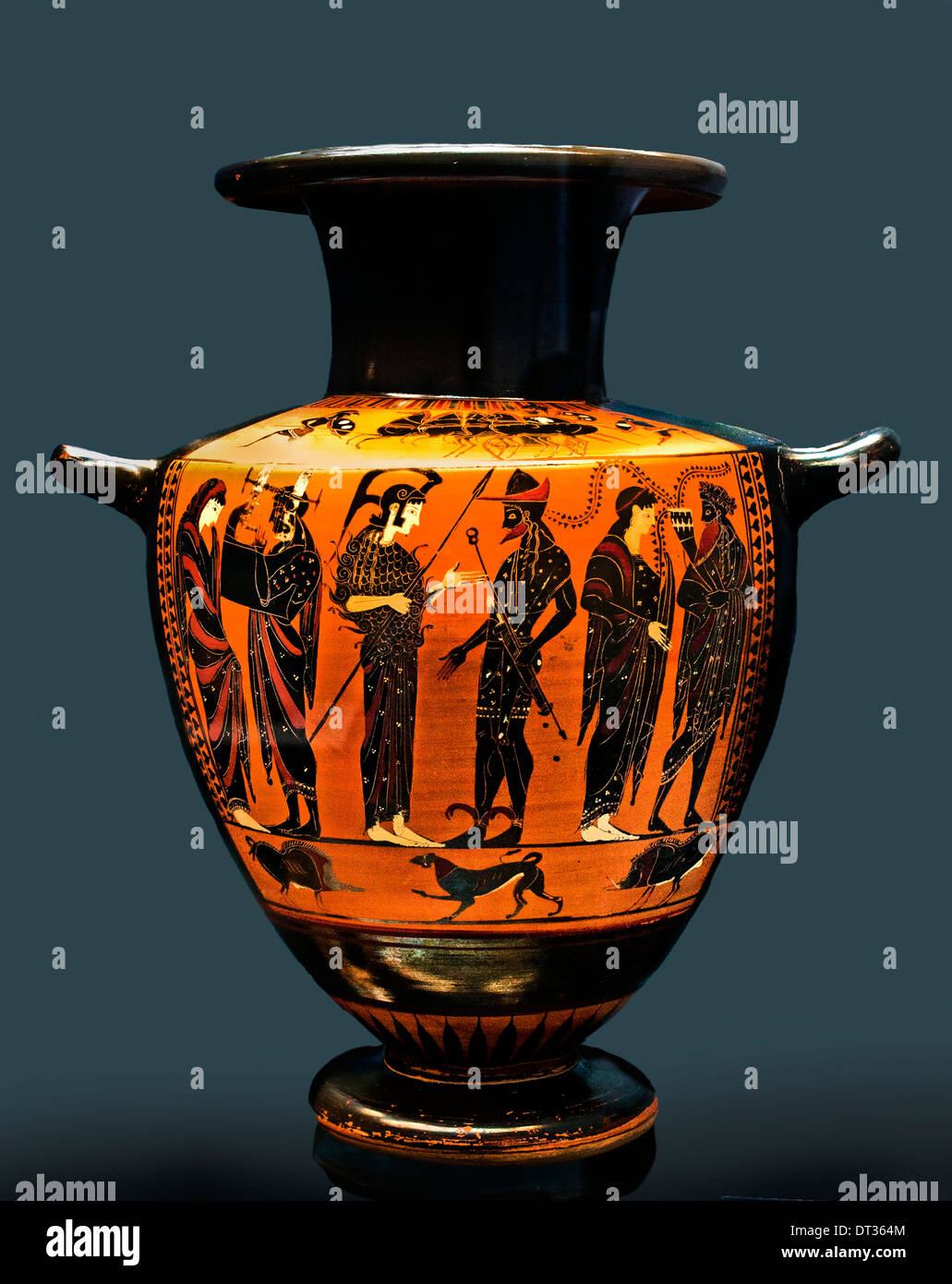 Gods couple in the middle of Athena Hermes left Apollo Kithara right Dionysus Ariadne Attic water vessel 520 BC   Greek Greece Stock Photo