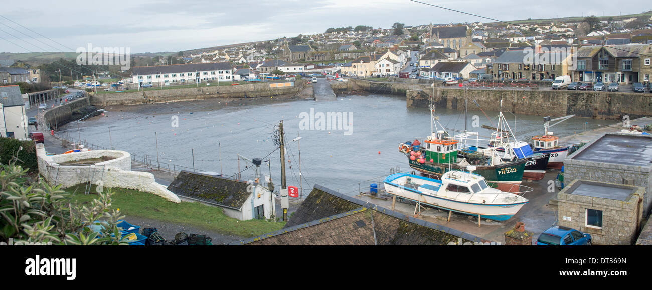 Porthleven Harbour cleared of boats and all craft before the next storm hits Stock Photo