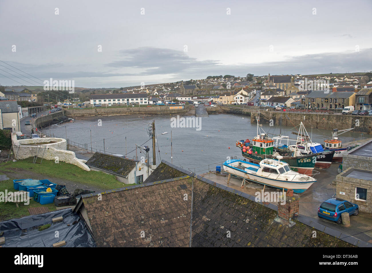 Porthleven Harbour cleared of boats and all craft before the next storm hits Stock Photo