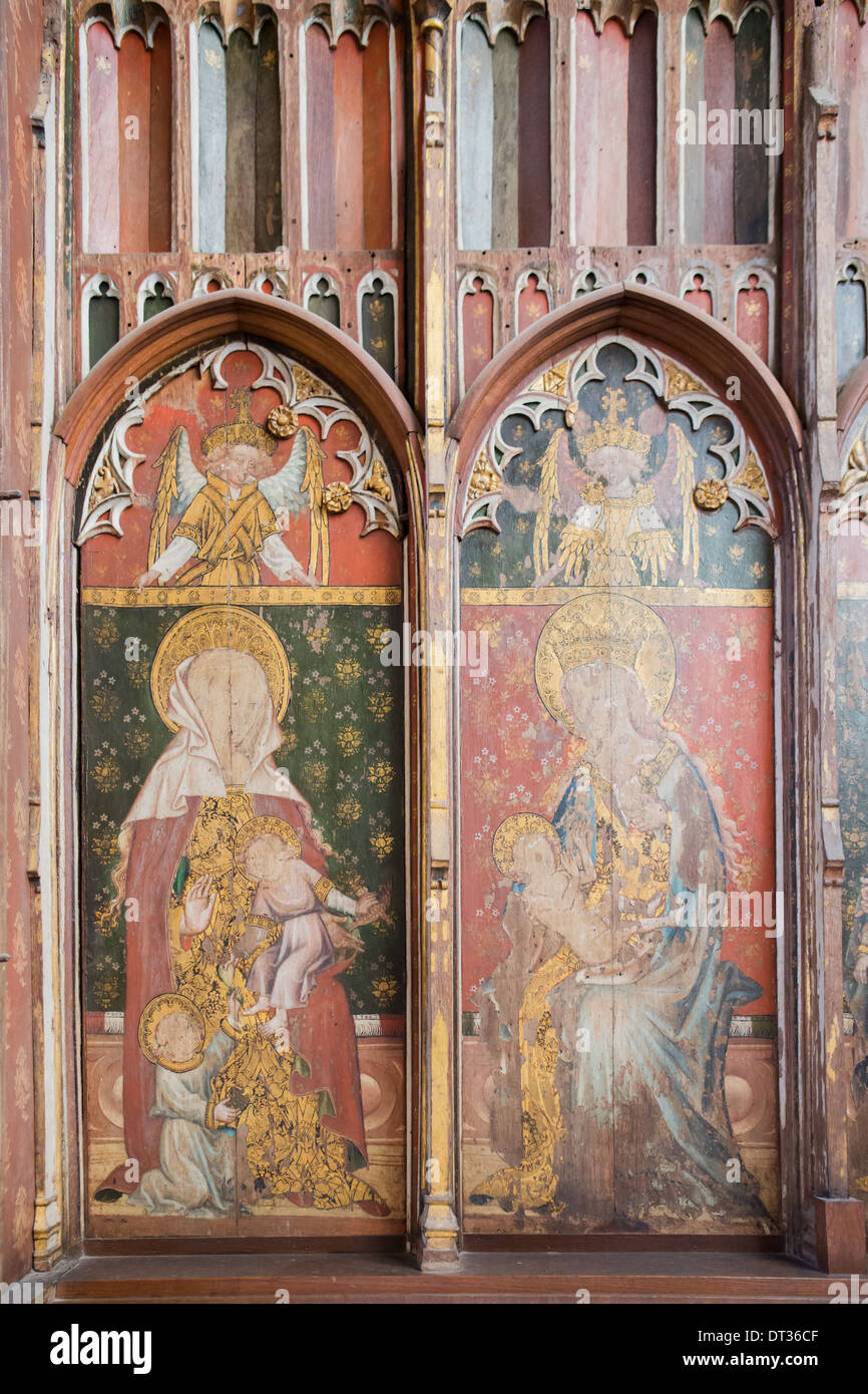 St Mary Salome and the Virgin Mary. Medieval rood screen inside Ranworth Church, Norfolk Broads, UK Stock Photo