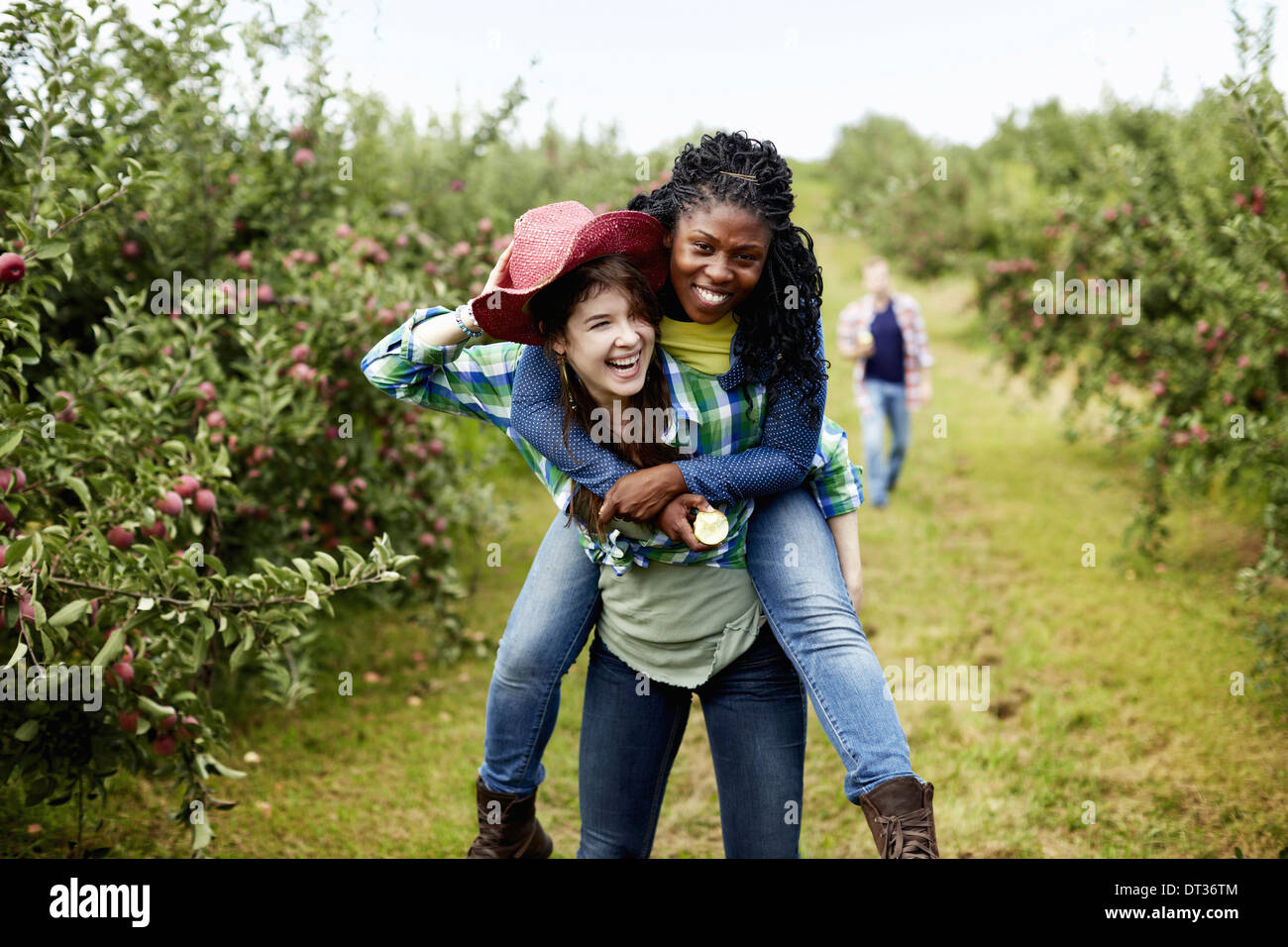 Rows of fruit trees in an organic orchard A young woman giving another a piggyback Stock Photo