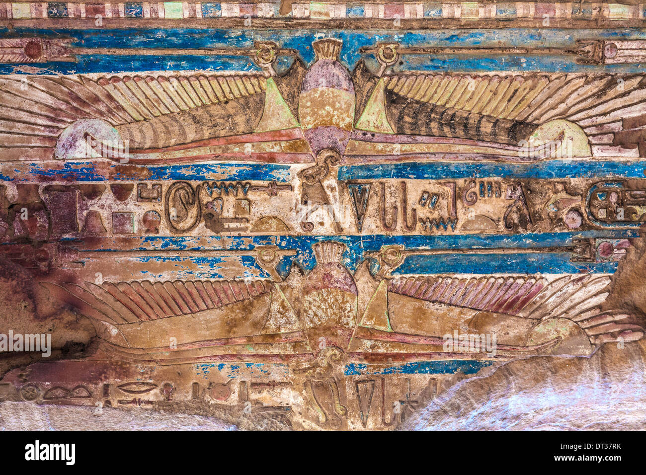 Colourful carvings and hieroglyphs on a ceiling at the Ancient Egyptian Temple at Kom Ombo. Stock Photo