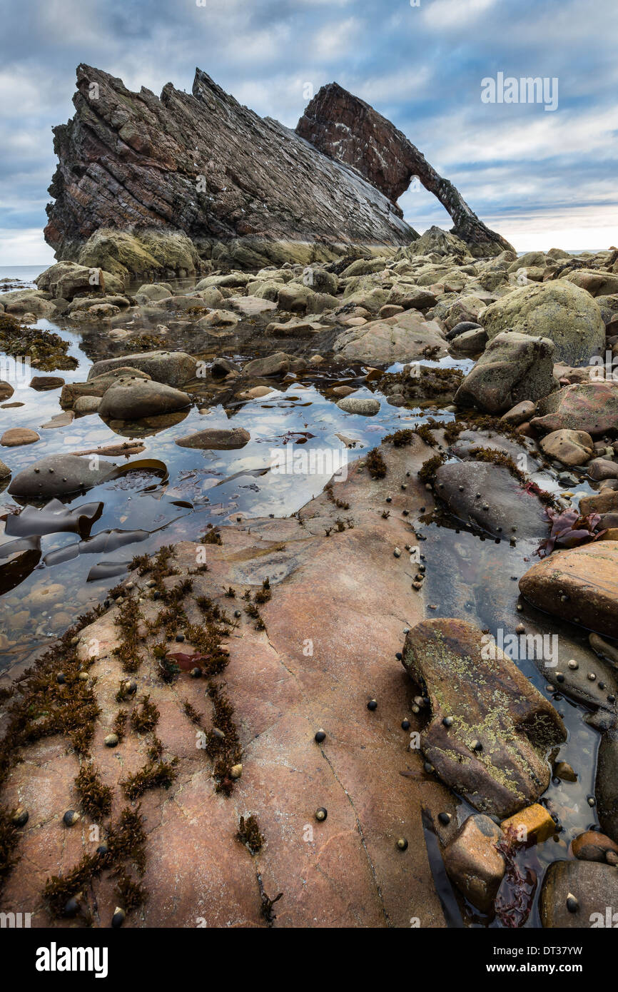 Bow Fiddle Rock at Portknockie on the Moray coast in Scotland Stock Photo
