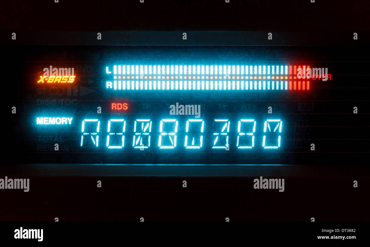 scale of sound volume on illuminated indicator board of radio receiver close up Stock Photo