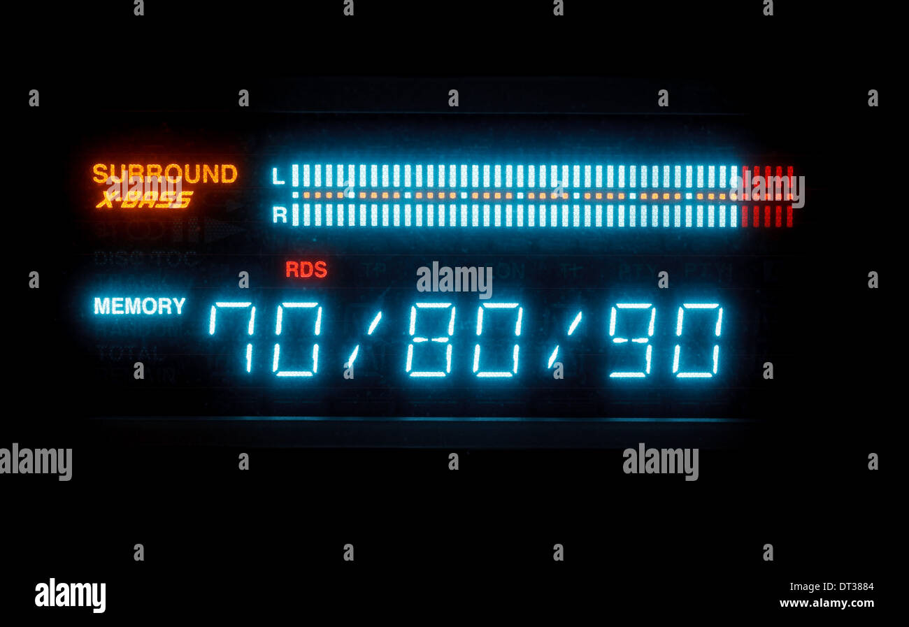 blue scale of sound volume on illuminated indicator board of radio receiver close up Stock Photo