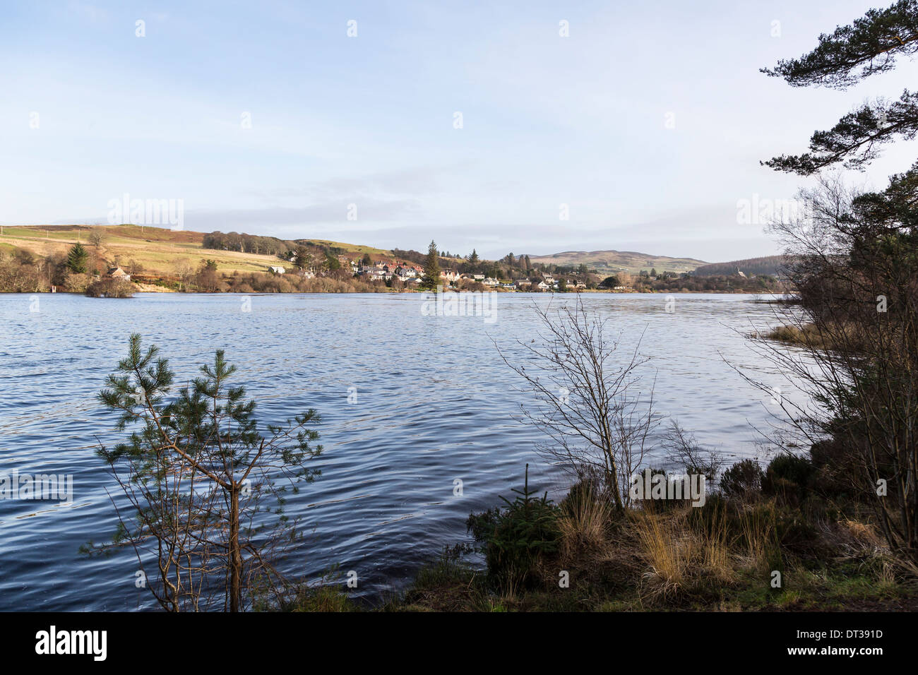 Loch Shin & Lairg Village in the Highlands of Scotland. Stock Photo