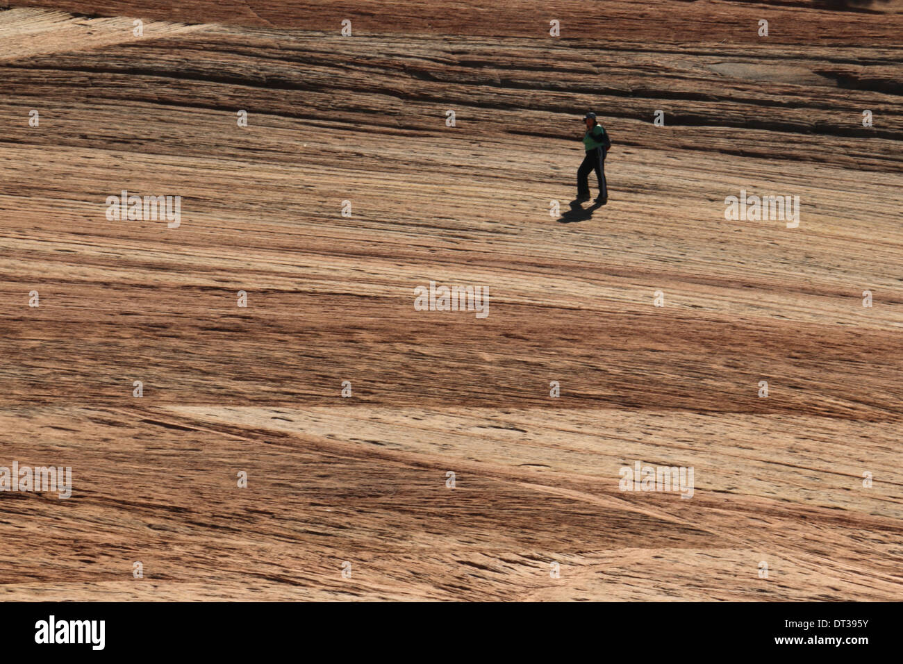 hiker on stripped layered rock, southern Utah Stock Photo