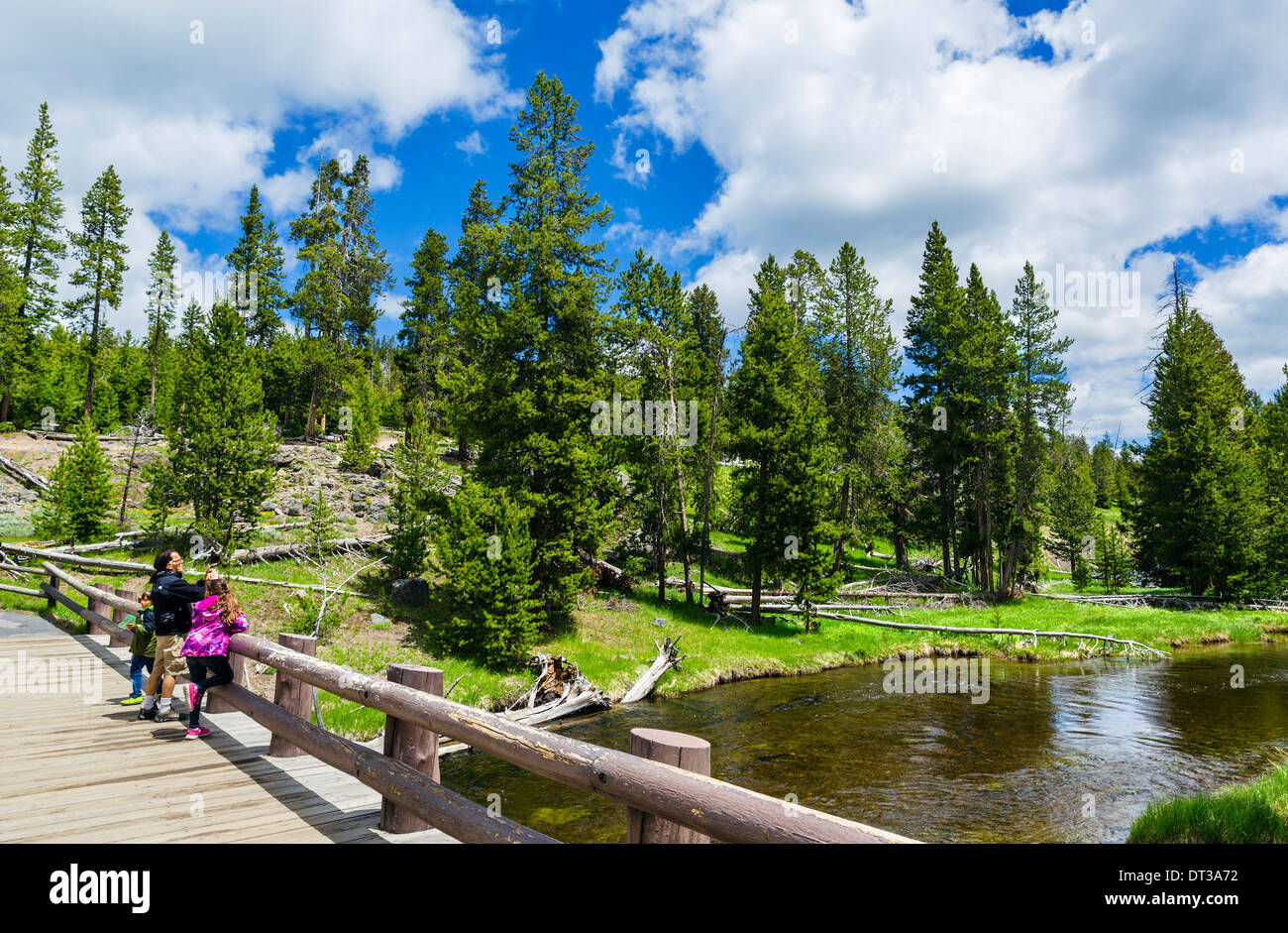 Bridge over the Firehole River on the Geyser Hill trail, Upper Geyser Basin, Yellowstone National Park, Wyoming, USA Stock Photo
