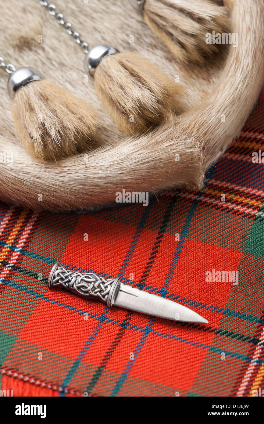 Scottish kilt with kilt pin and sporran. Stock Photo