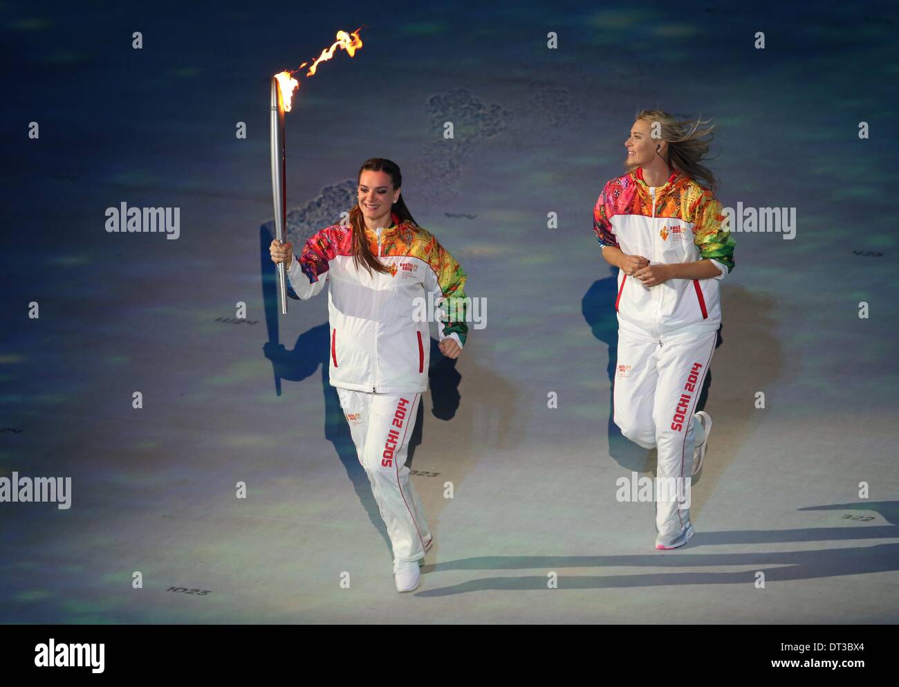 Sochi, Russia. 07 February 2014. Yelena Isinbayeva carries the Olympic