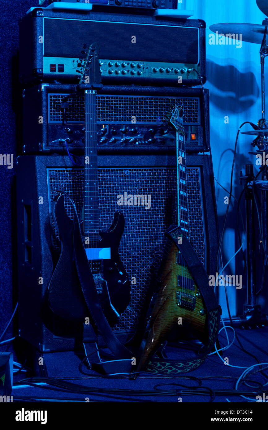 Two electric guitars backstage at a rock concert Stock Photo