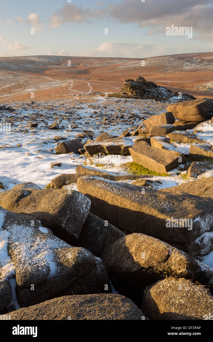 A light dusting of snow on Belstone tor Dartmoor national park Devon Uk Stock Photo