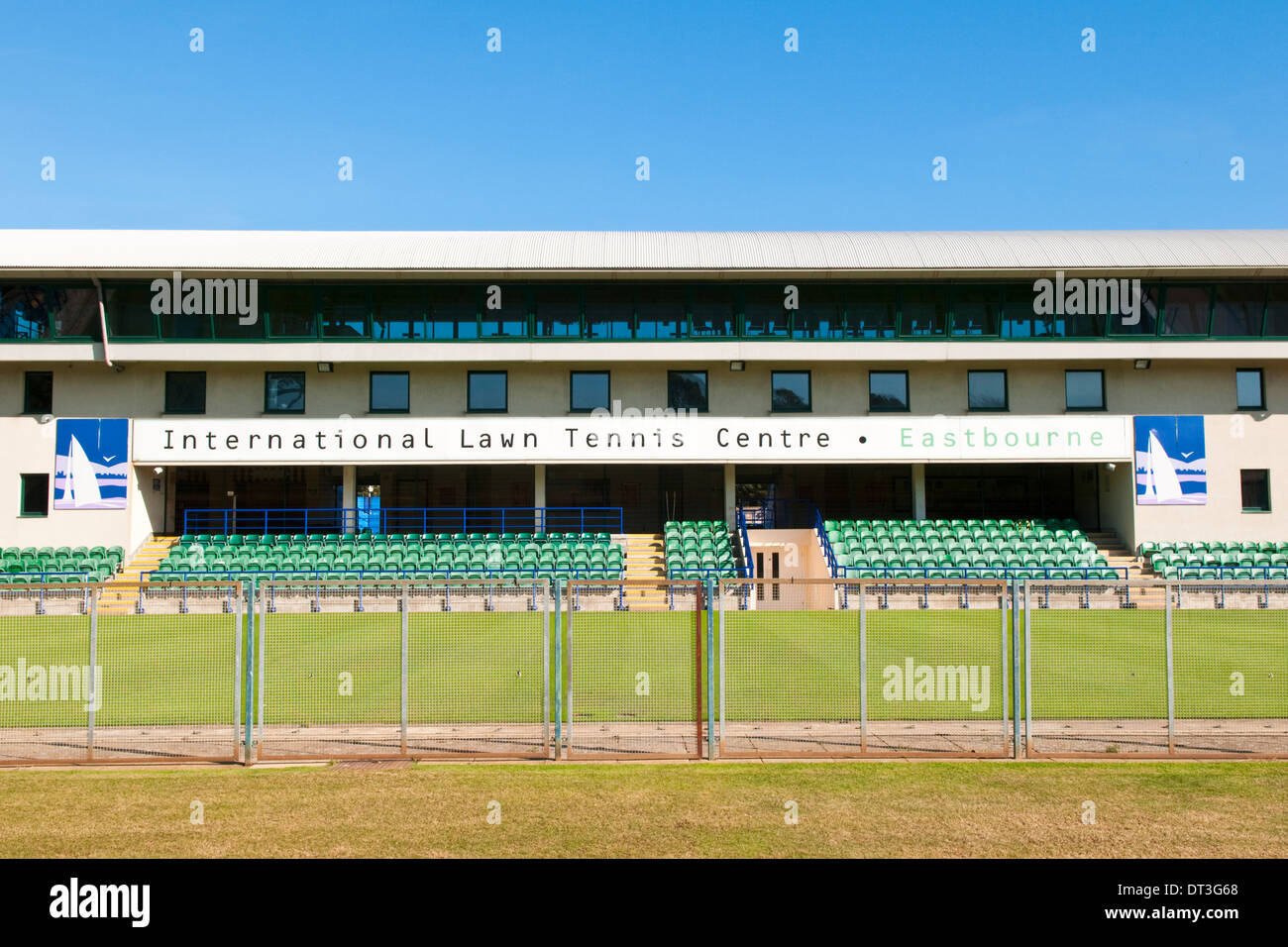 View of the Eastbourne International Lawn Tennis Centre, East Sussex, UK on a bright sunny day Stock Photo