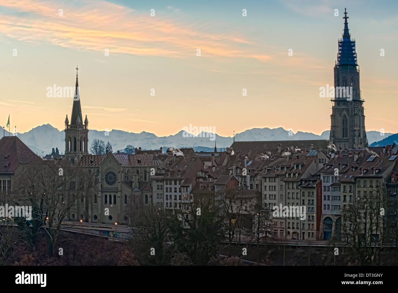 Sunrise in Bern city with St.Petel and Paul temple and Bern cathedral Stock Photo
