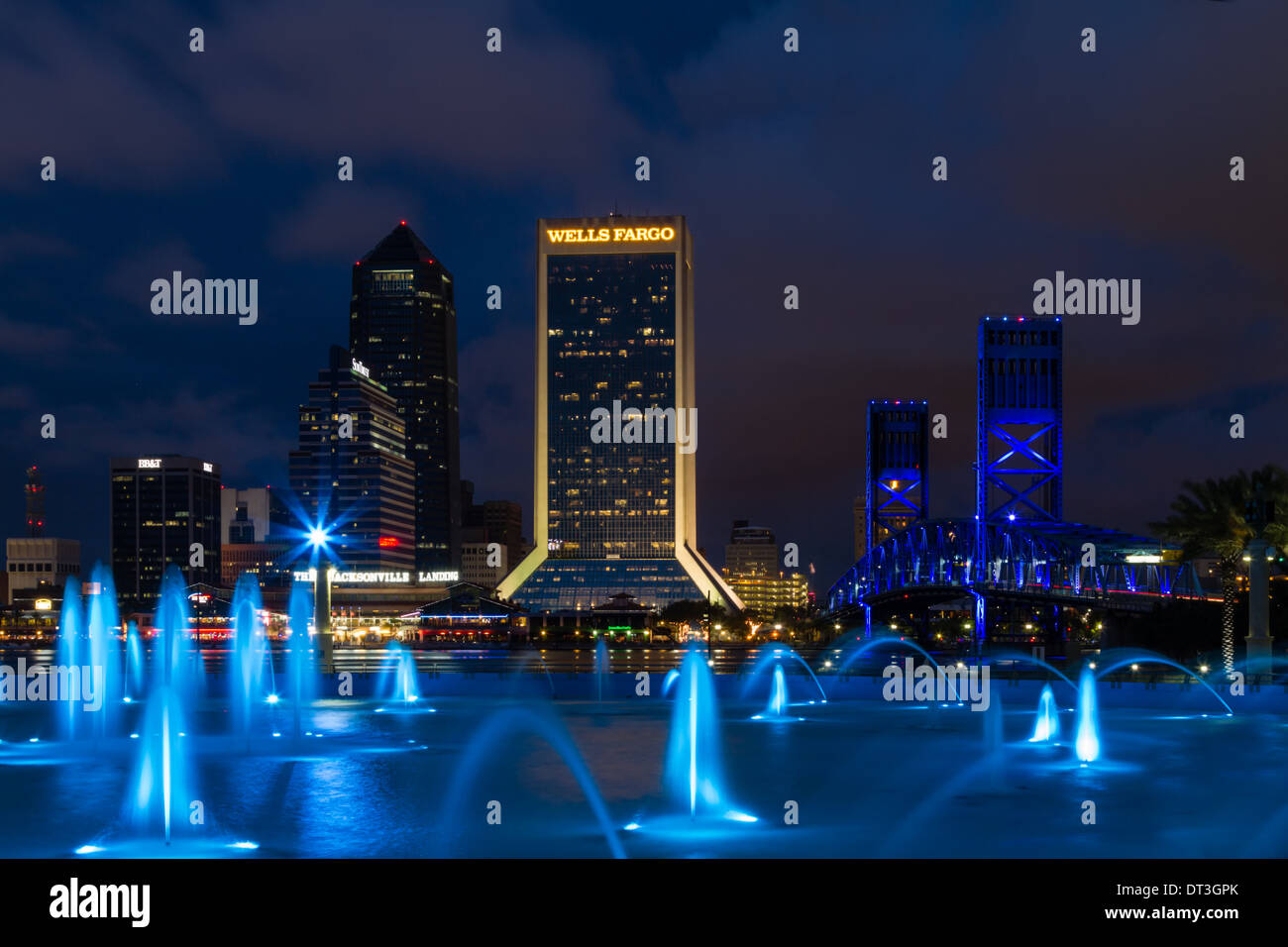 Jacksonville, Florida city skyline at twilight at Friendship Park Fountain. Stock Photo