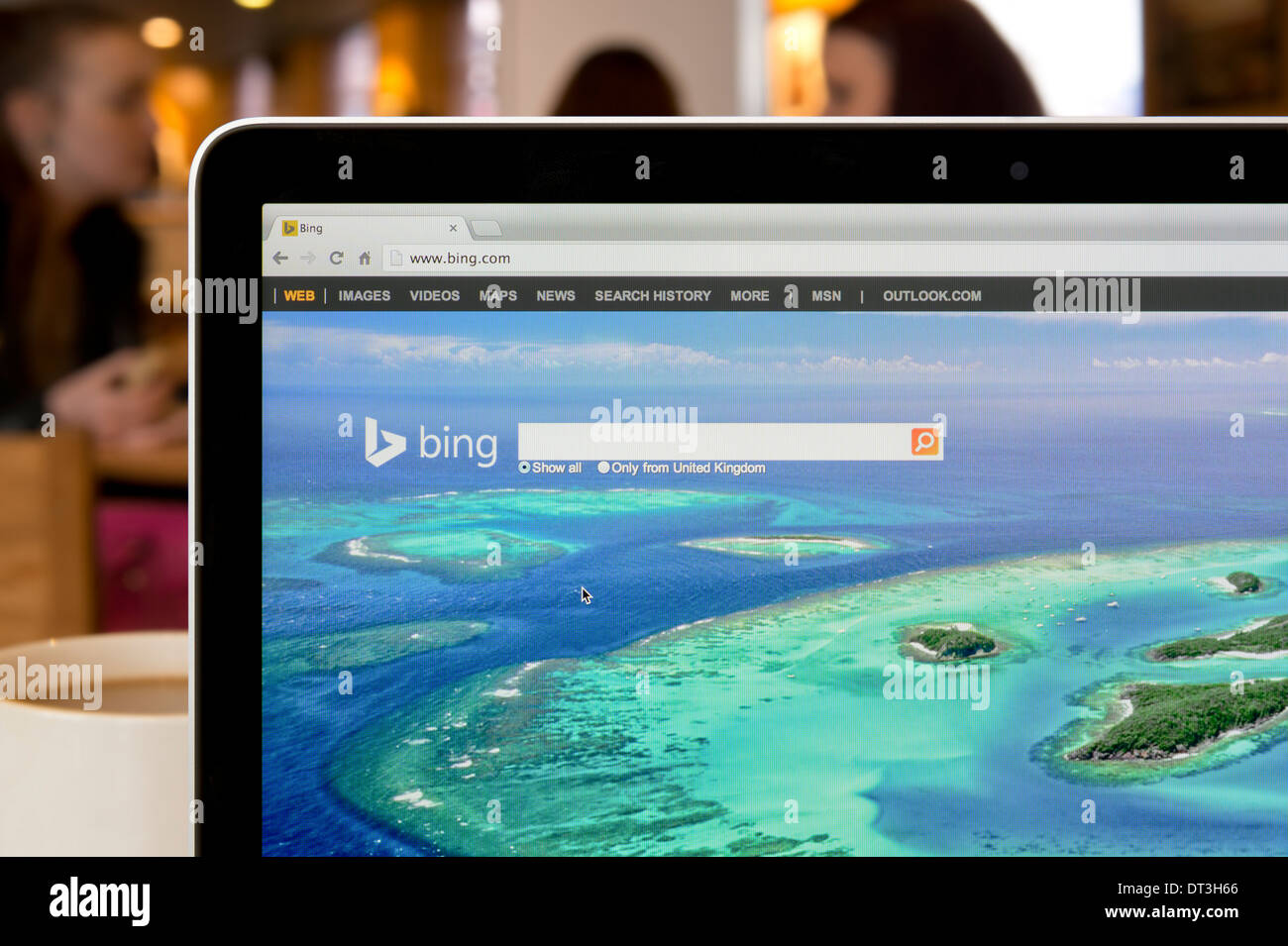 The Bing website shot in a coffee shop environment (Editorial use only: print, TV, e-book and editorial website). Stock Photo