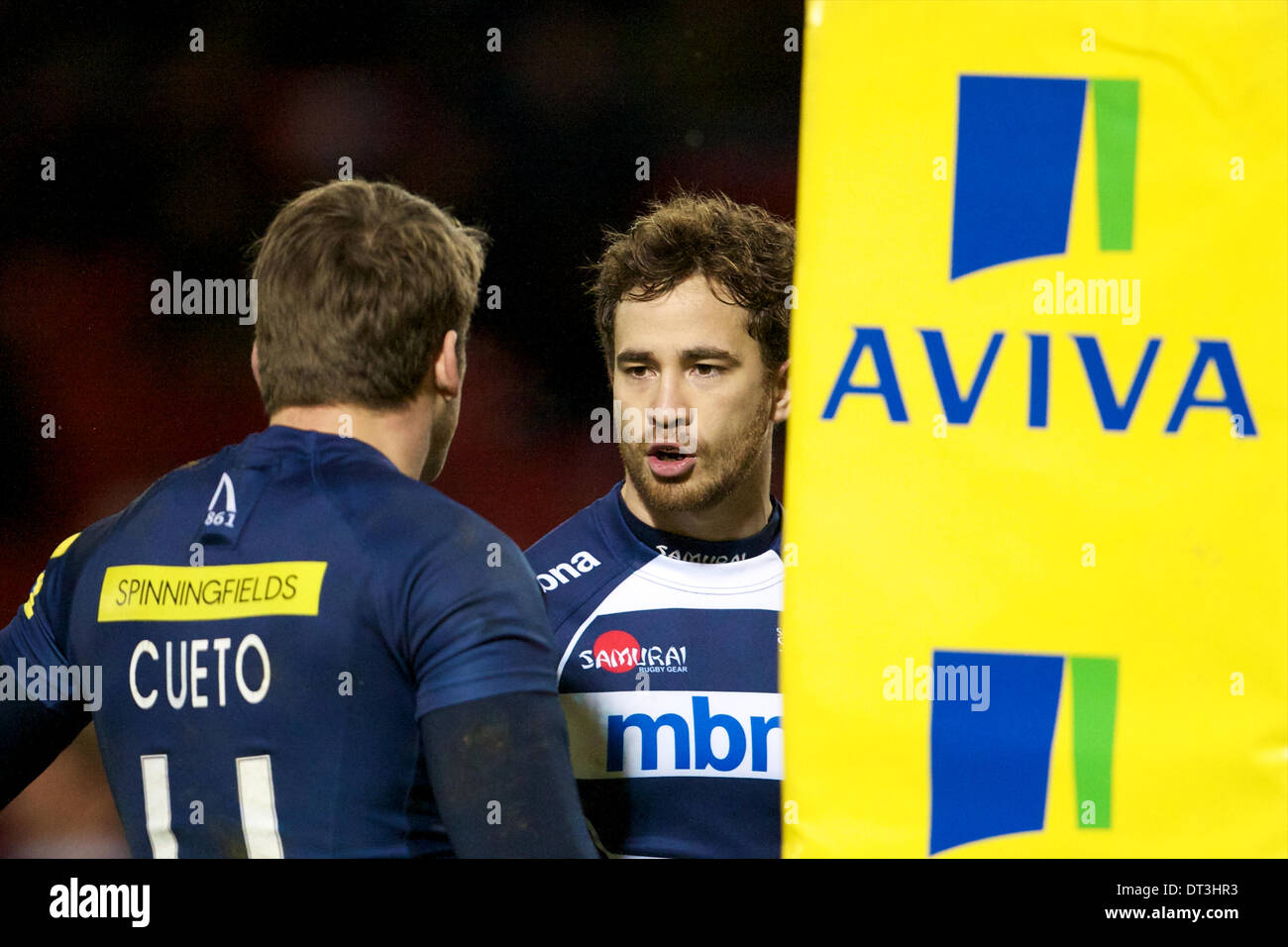 Salford, UK. 07th Feb, 2014. Sale Sharks fly-half Danny Cipriani and Sale Sharks wing Mark Cueto during the Aviva Premiership Rugby game between Sale Sharks and Gloucester Rugby from the AJ Bell Stadium. Credit:  Action Plus Sports/Alamy Live News Stock Photo