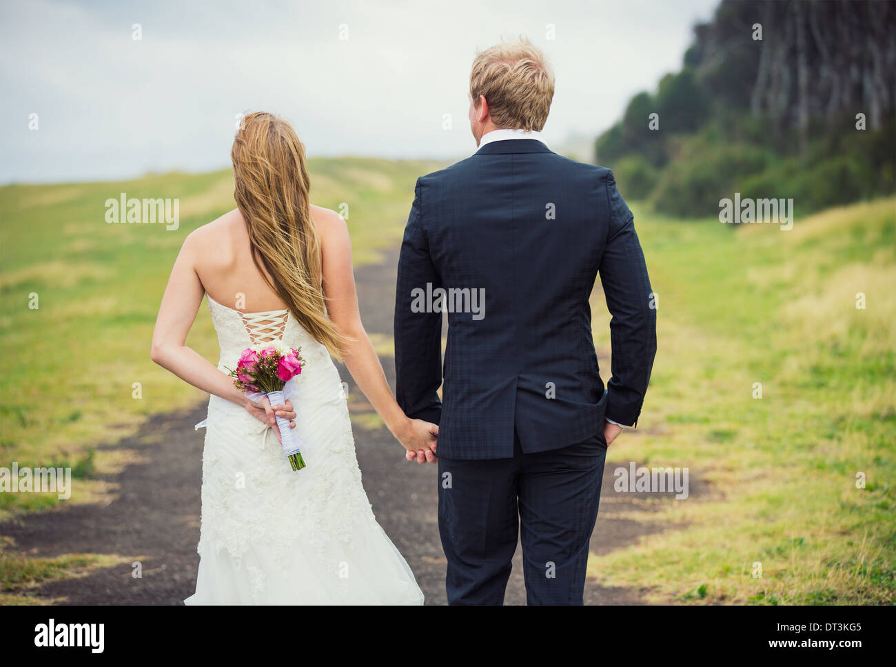 Wedding Couple in the Countryside, Happy Romantic Bride and Groom, Stock Photo