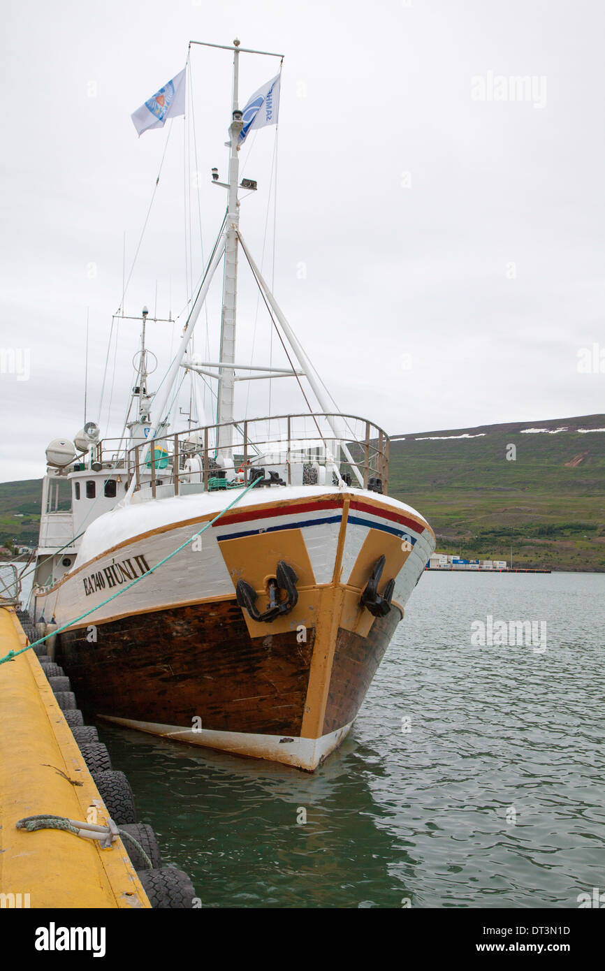 Historic wooden sailing ship docked in Akureyri, Iceland Stock Photo