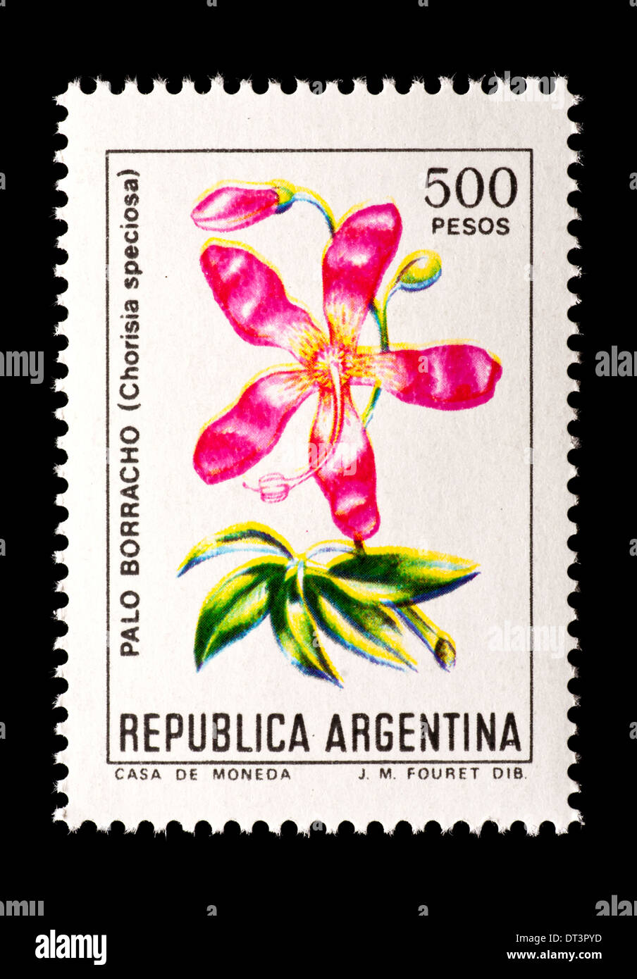 Postage stamp from Argentina depicting the flower of the silk floss tree (Chorisia speciosa). Stock Photo