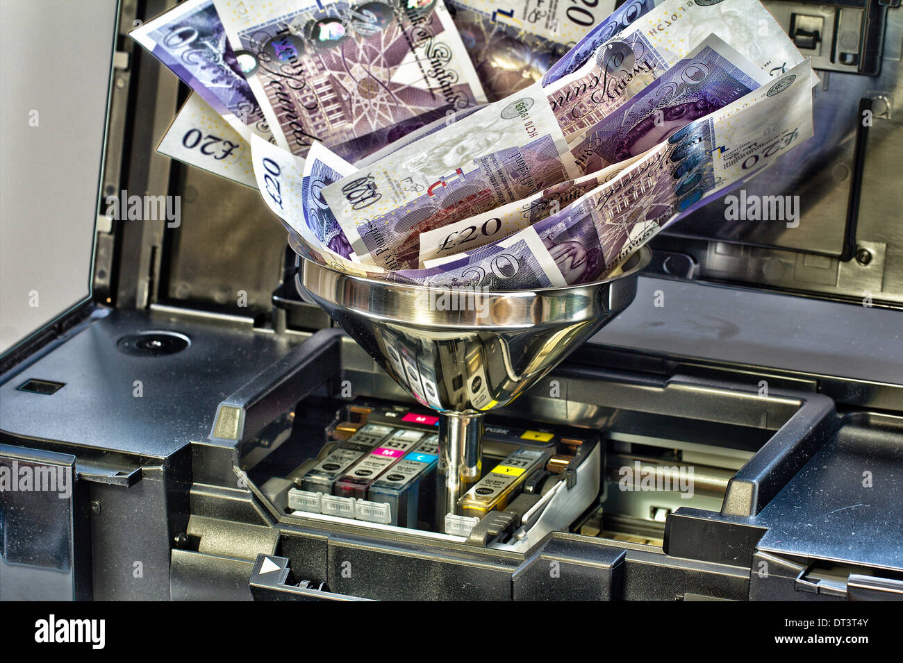 Home ink jet printer, with silver funnel replacing an ink cartridge
