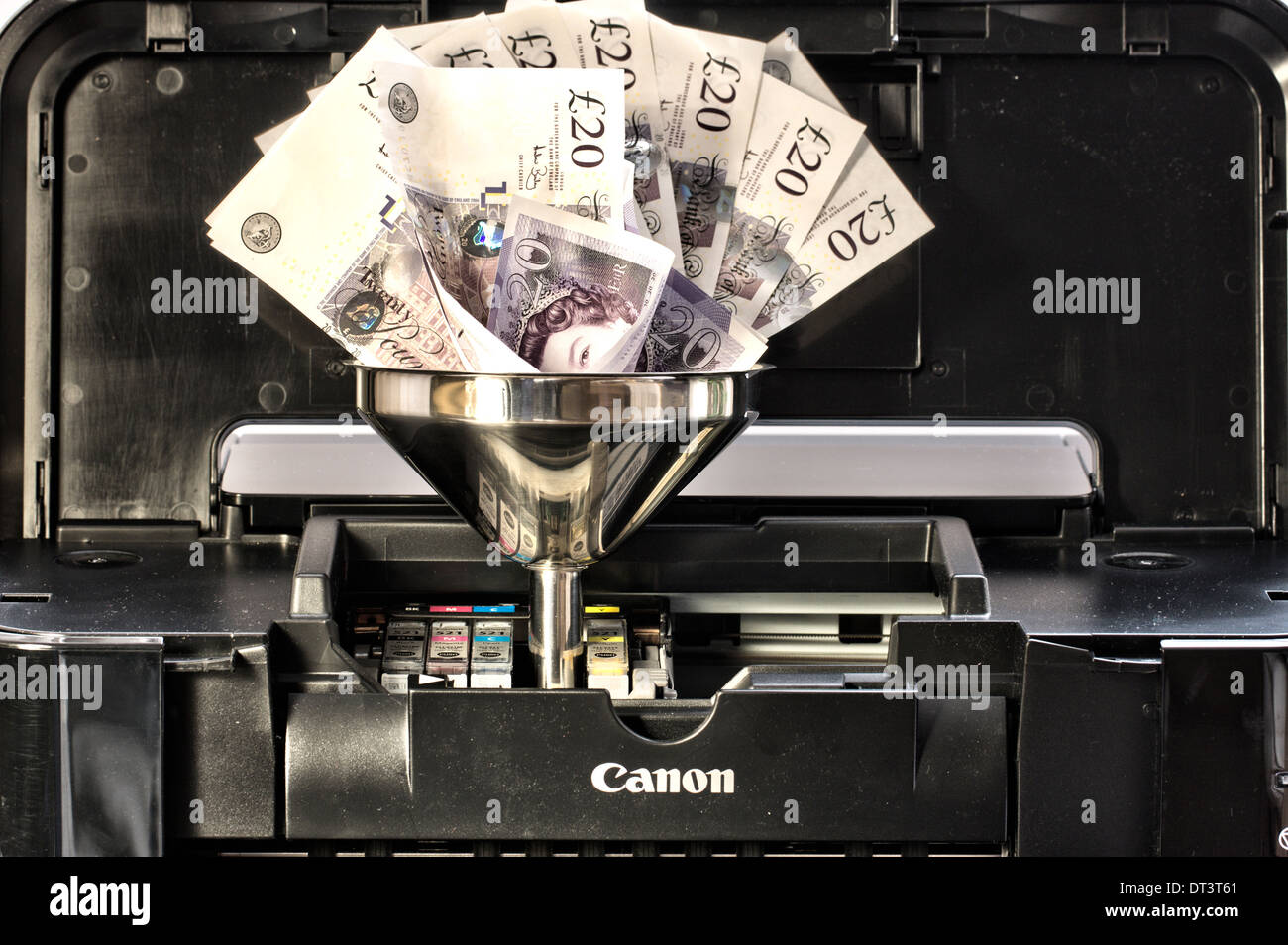 Home ink jet printer, with silver funnel replacing an ink cartridge