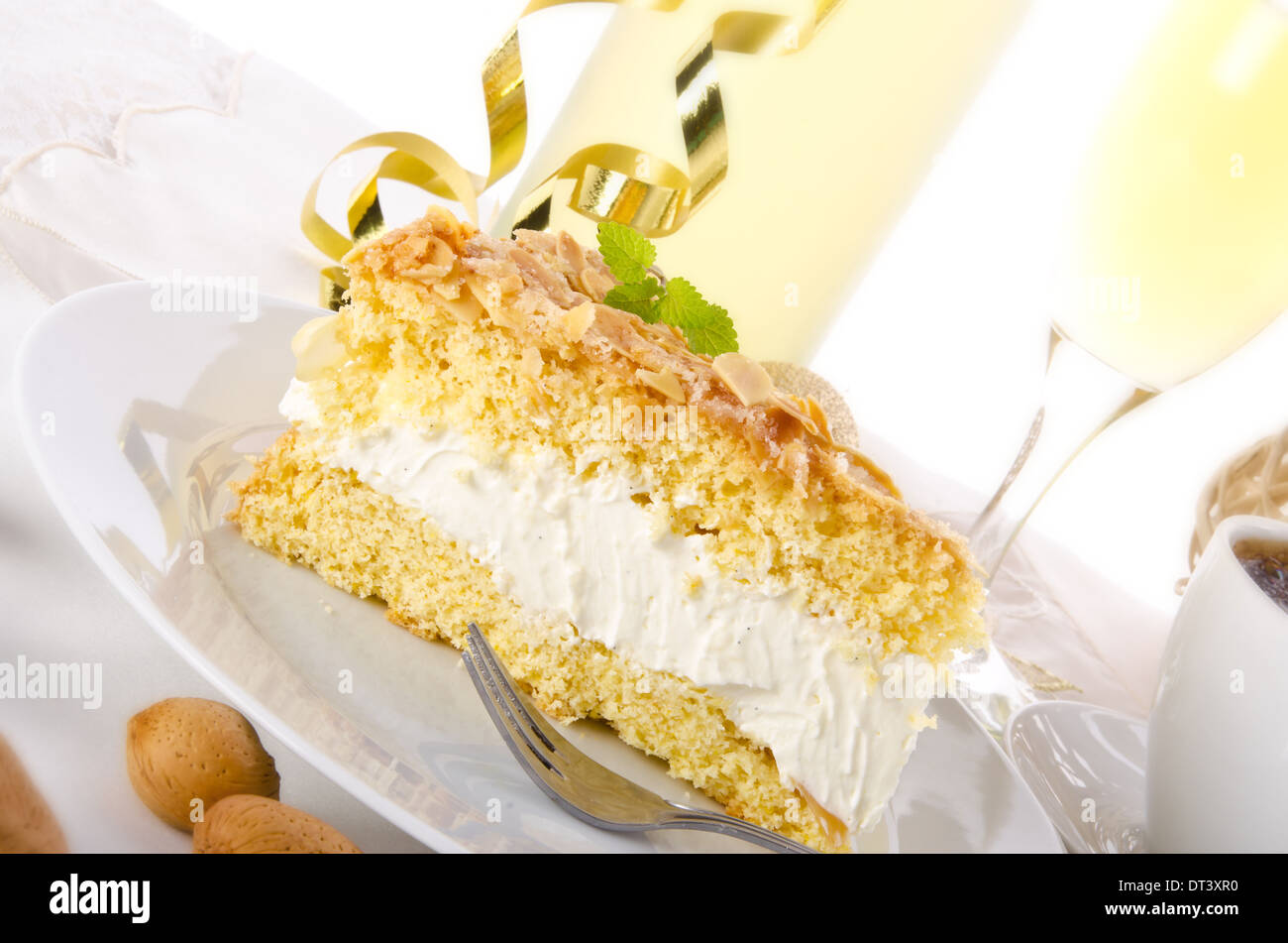 flat cake with an almond and sugar coating Stock Photo
