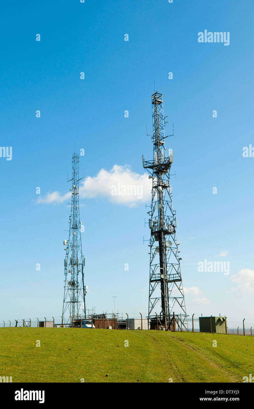 Radio masts on the South Downs Way at Beddingham Hill near Firle Beacon in East Sussex, UK Stock Photo
