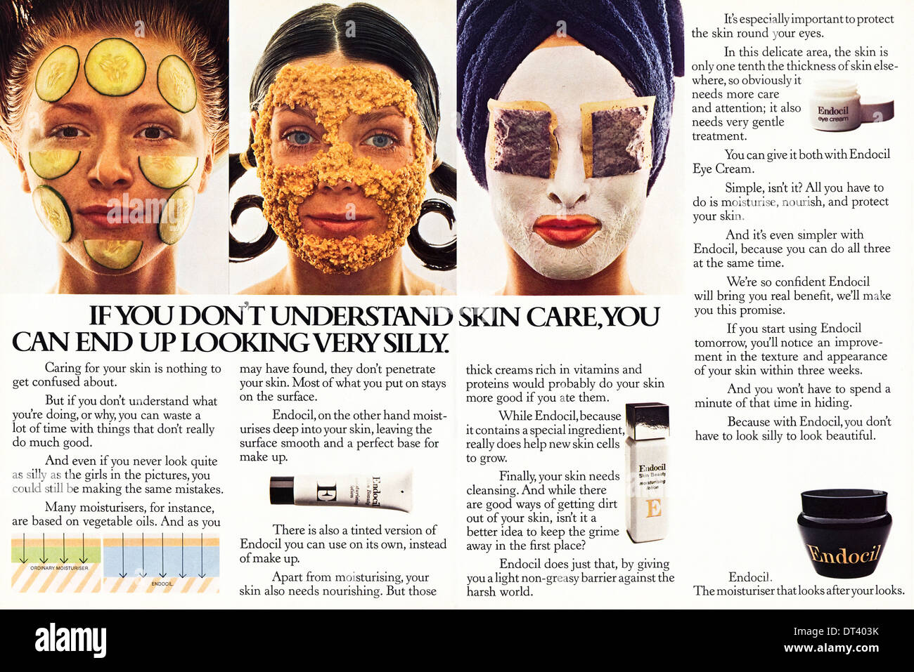 1970s fashion magazine double page advertisement advertising moisturiser by ENDOCIL cosmetics, advert circa 1975 Stock Photo