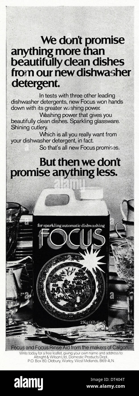1970s magazine advertisement advertising FOCUS dishwasher detergent, advert circa 1975 Stock Photo