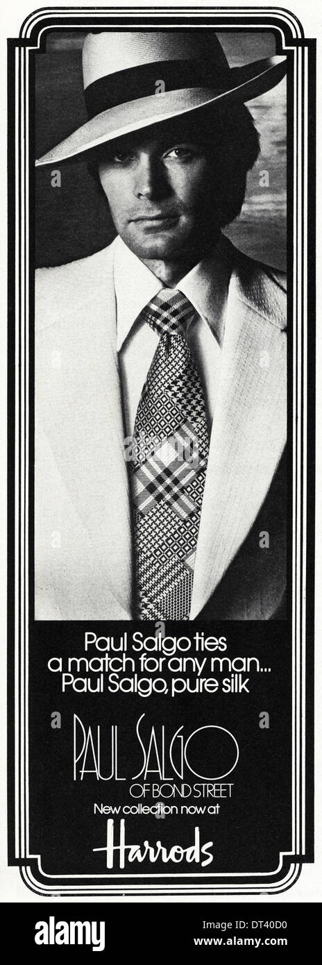 1970s fashion magazine advertisement advertising stylish men's ties by PAUL SALGO, advert circa 1975 Stock Photo