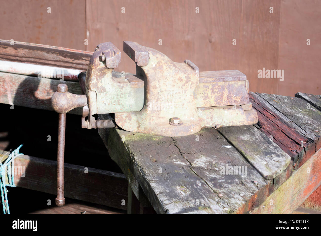 An American made steel workers vice on an outdoor bench in NE England UK Stock Photo